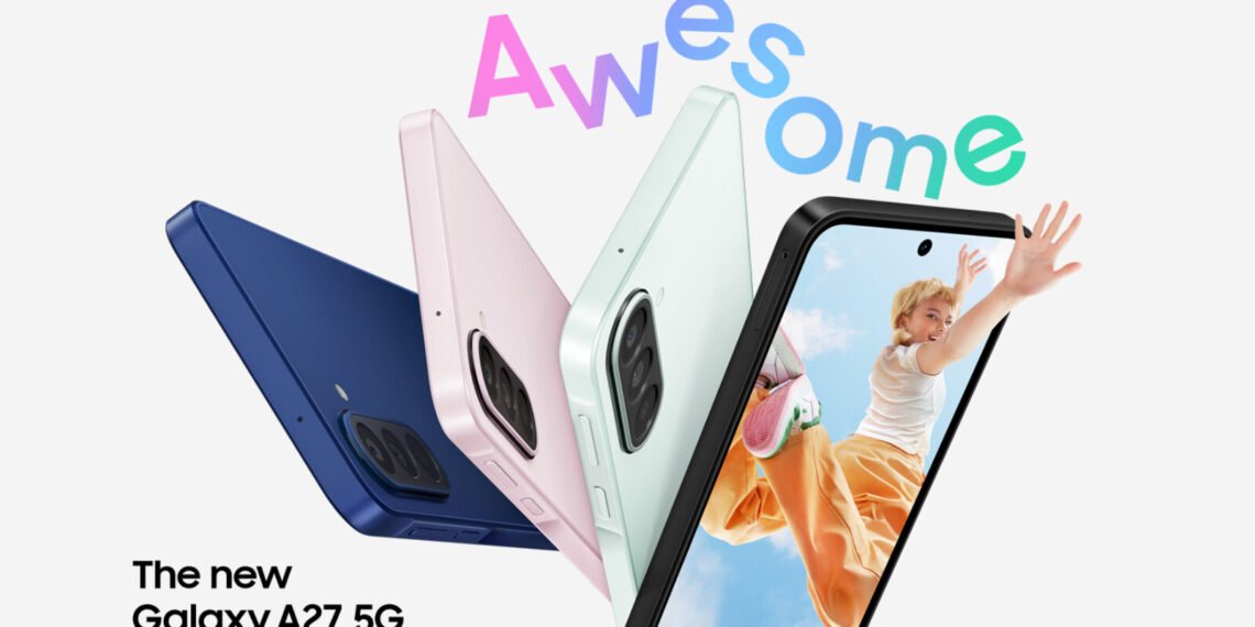Mavi pembe yeşil ve siyah renklerde Samsung Galaxy A27 5G telefonlar