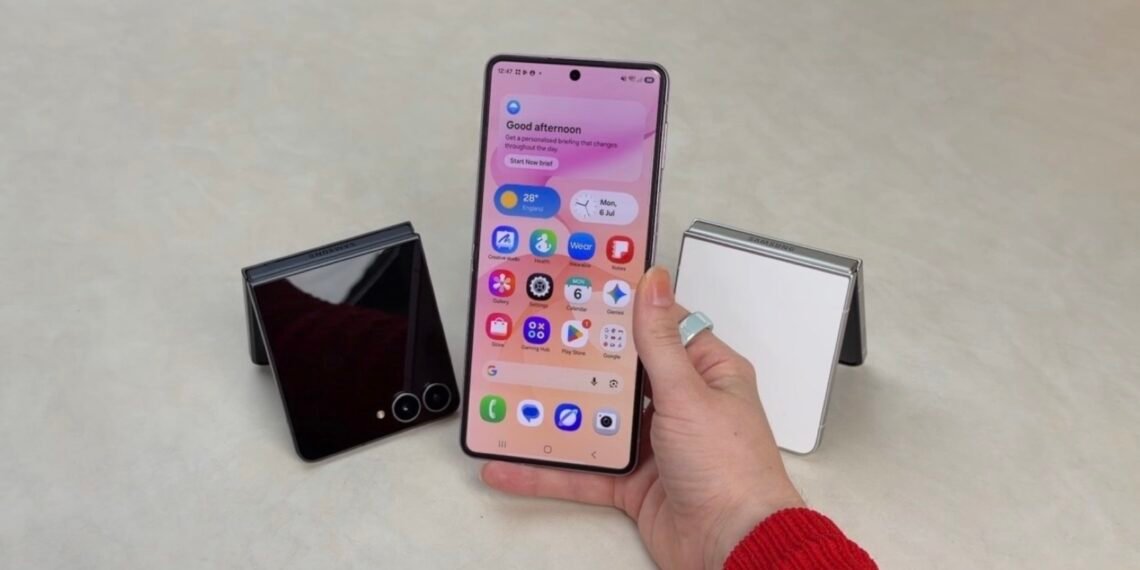 Elde açık tutulan pembe Samsung Galaxy Z Flip8 ve arka planda katlanmış modeller