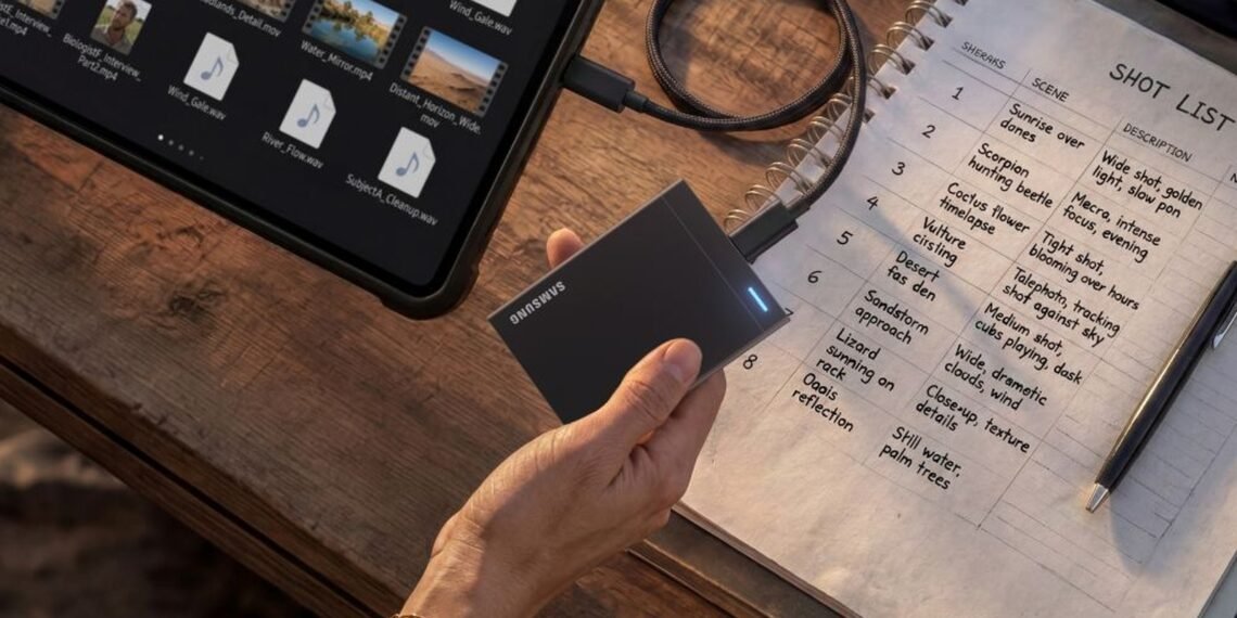 Video kurgu masasında ele tutulan siyah Samsung P9 USB4 taşınabilir SSD