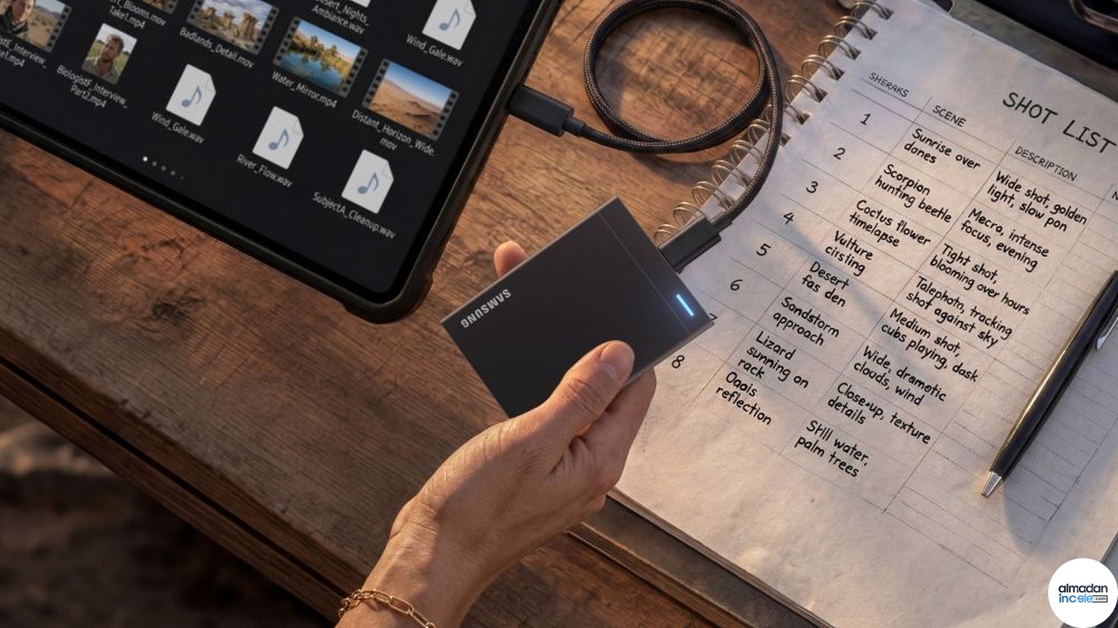 Video kurgu masasında ele tutulan siyah Samsung P9 USB4 taşınabilir SSD
