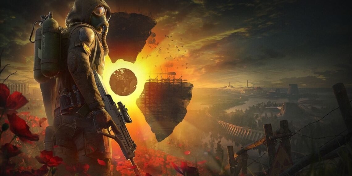 S.T.A.L.K.E.R. 2 Update 2.0 resmi görselinde gaz maskeli karakter ve Zone manzarası