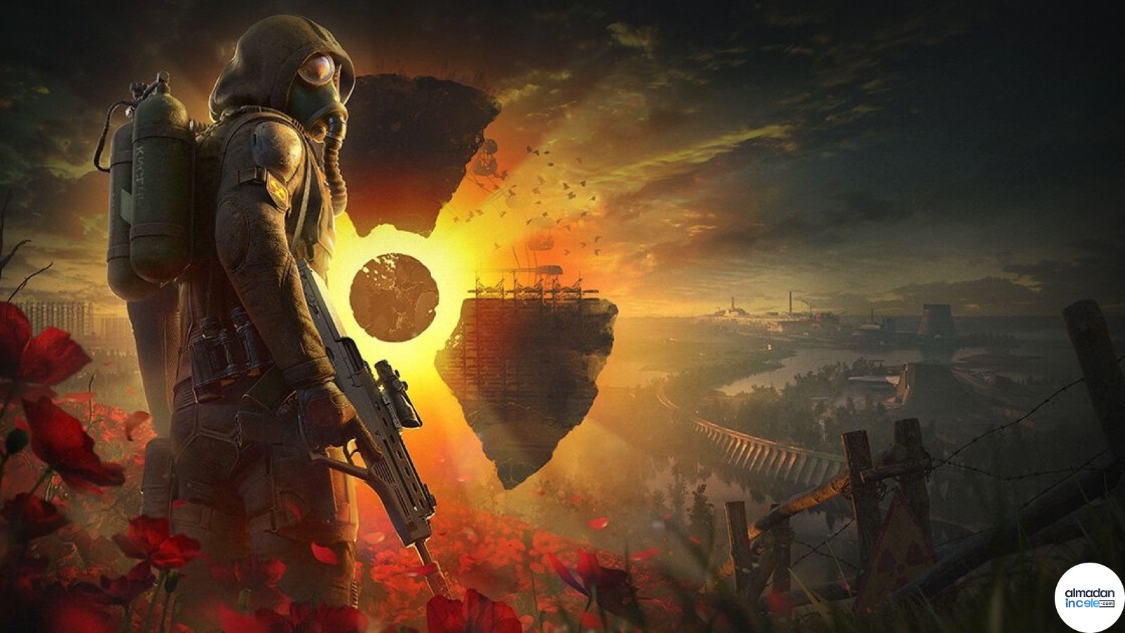 S.T.A.L.K.E.R. 2 Update 2.0 resmi görselinde gaz maskeli karakter ve Zone manzarası