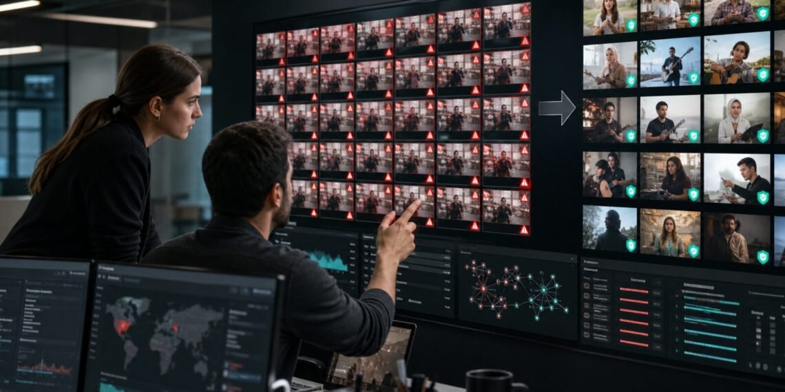 Tekrarlanan yapay zekâ videolarını inceleyen sosyal medya moderasyon ekibi