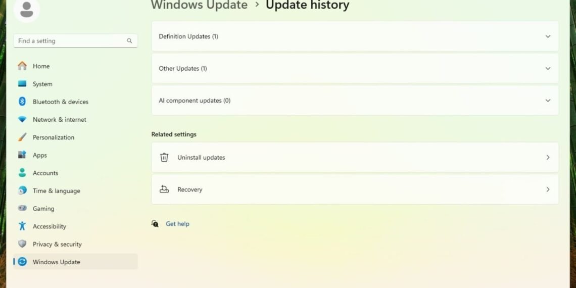 Windows 11 ayarlarında AI component updates satırının görüldüğü güncelleme geçmişi ekranı