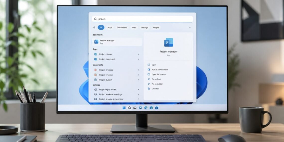 Masaüstü monitöründe açık, sadeleştirilmiş Windows 11 arama paneli