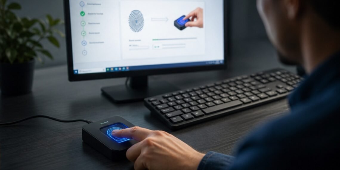 Masaüstü bilgisayarda harici USB parmak izi okuyucusuna parmağını dokunduran kullanıcı