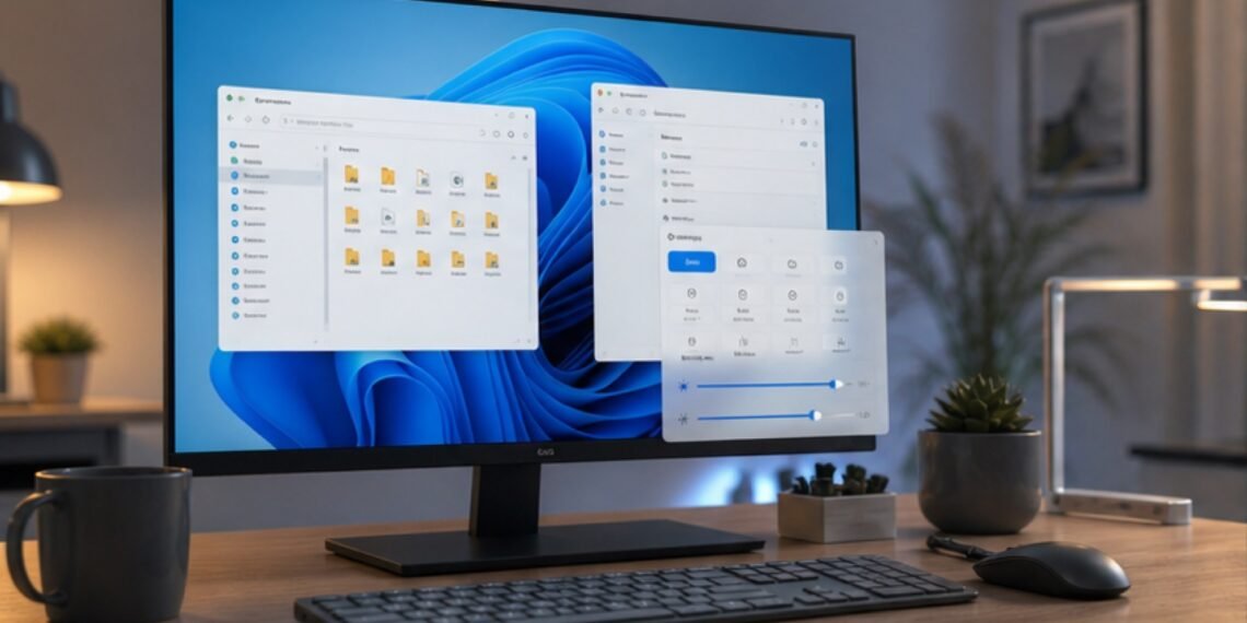 Geniş ekranda Dosya Gezgini ve sistem ayarları açık olan Windows tarzı masaüstü bilgisayar