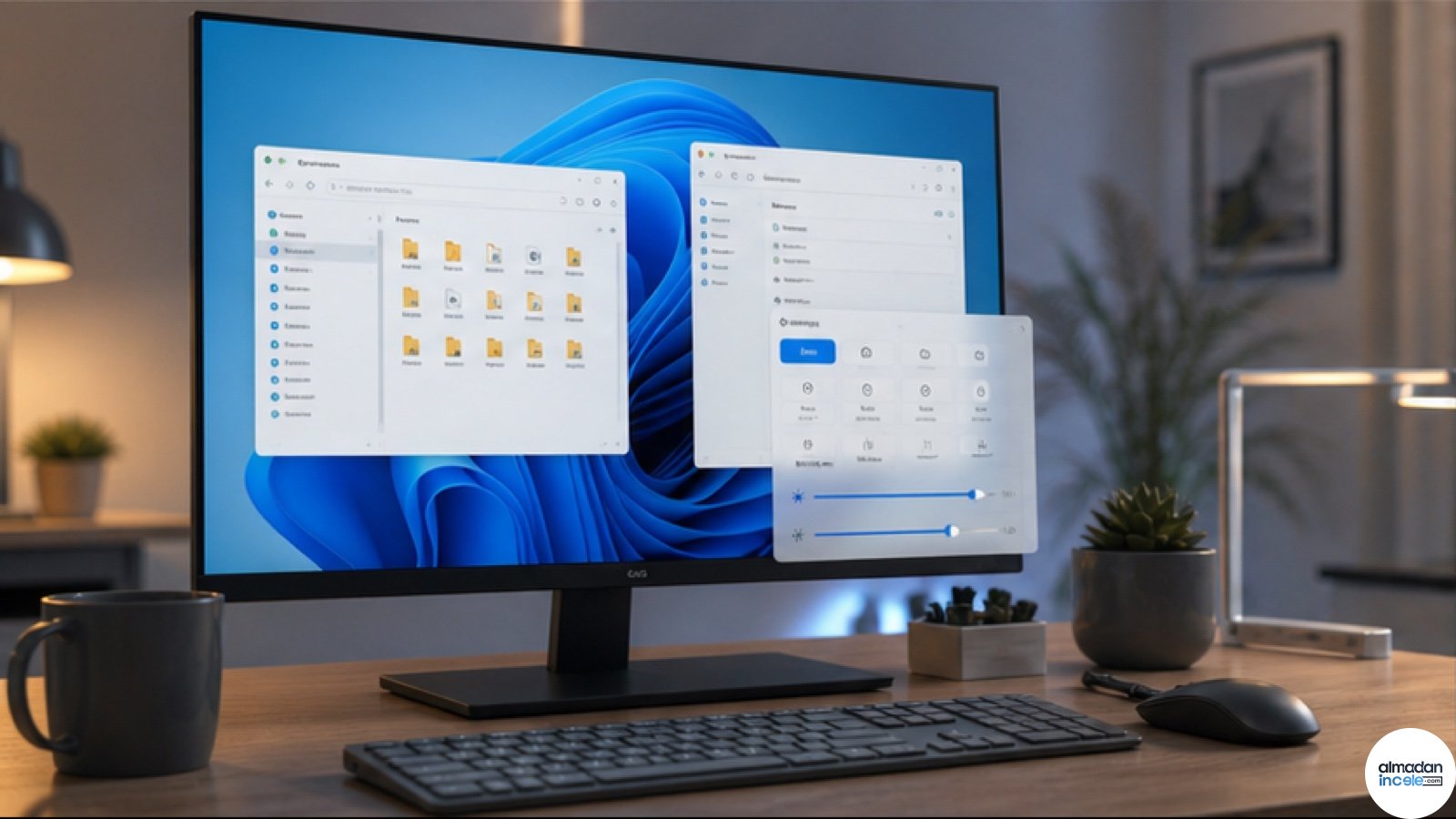 Geniş ekranda Dosya Gezgini ve sistem ayarları açık olan Windows tarzı masaüstü bilgisayar