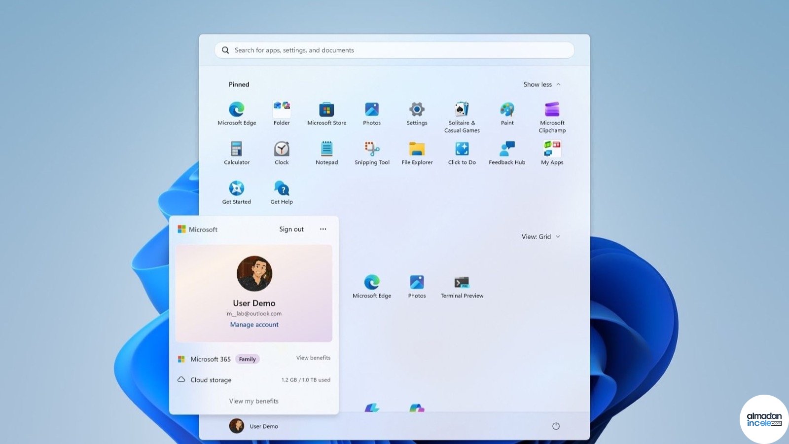Windows 11 Başlat menüsü ve kullanıcı hesabı arayüzünün dizüstü bilgisayardaki görünümü