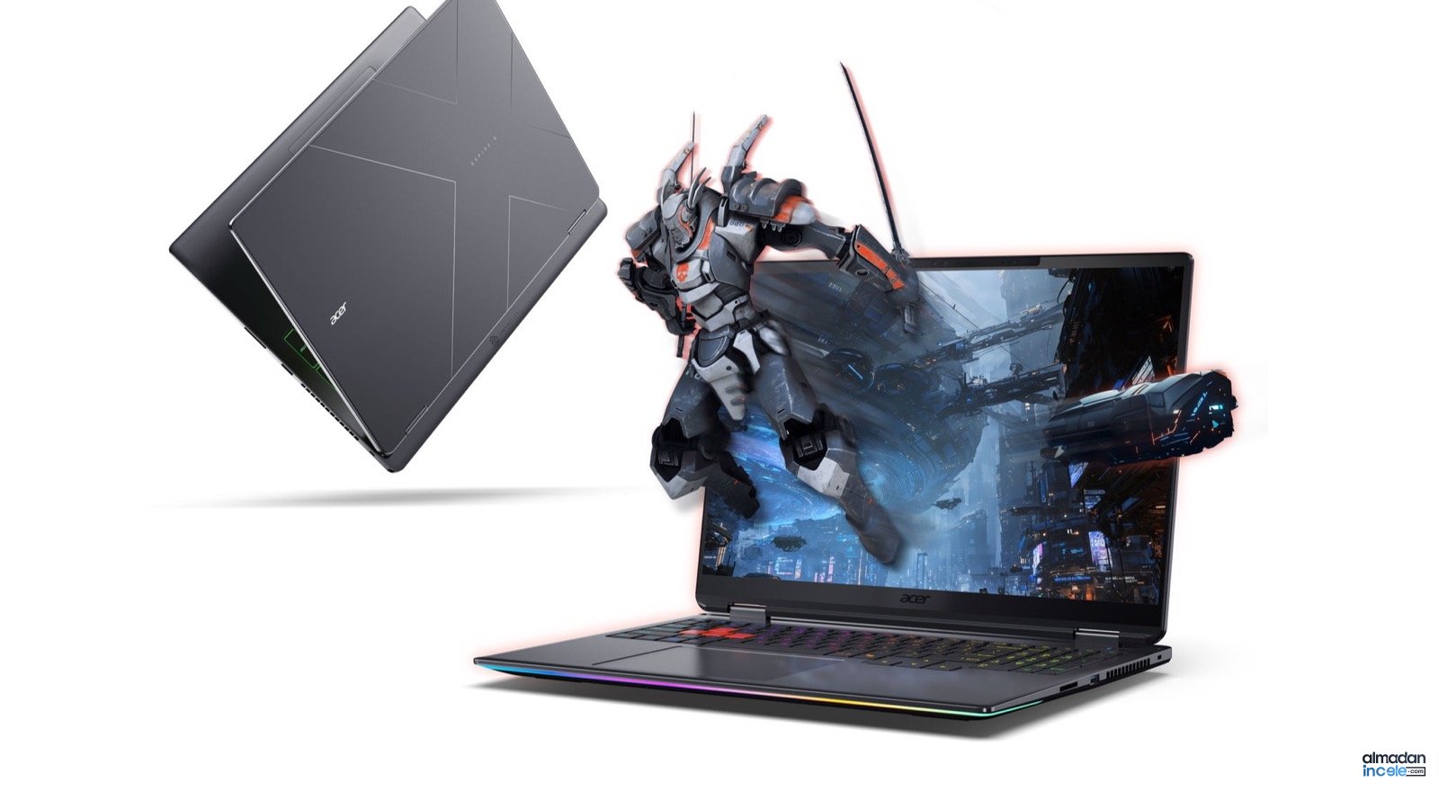 Açık ve kapalı Acer Aspire G 3D 16 dizüstü bilgisayar ile ekrandan taşan oyun karakteri