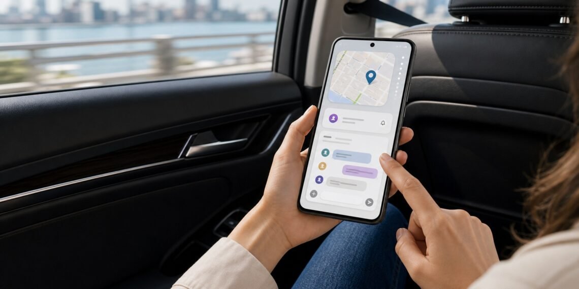 Hareket hâlindeki otomobilde konum ve mesajlaşma ekranı açık Android telefon kullanan yolcu