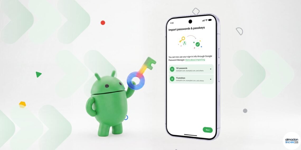 Android cihazda parola yöneticileri arasında güvenli aktarım akışını gösteren resmi görsel
