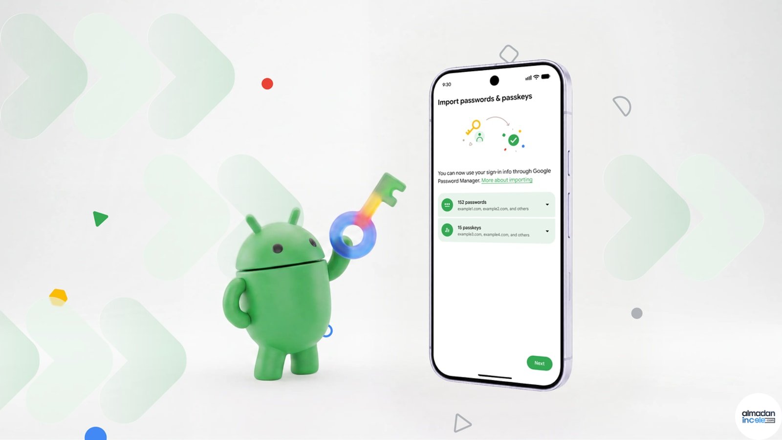 Android cihazda parola yöneticileri arasında güvenli aktarım akışını gösteren resmi görsel