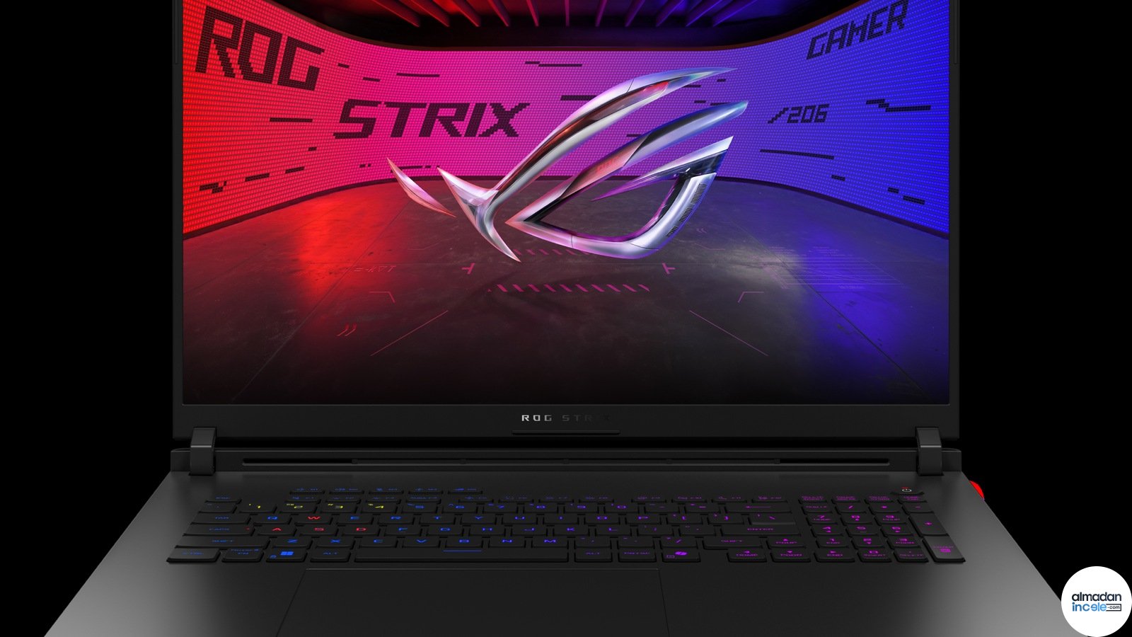 Önden görünen açık ASUS ROG Strix SCAR 18 2026 oyuncu dizüstü bilgisayarı