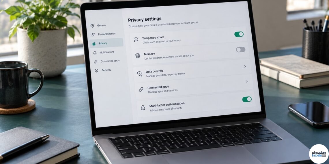 Sohbet uygulamasındaki gizlilik seçeneklerini temsil eden özgün editoryal laptop görseli