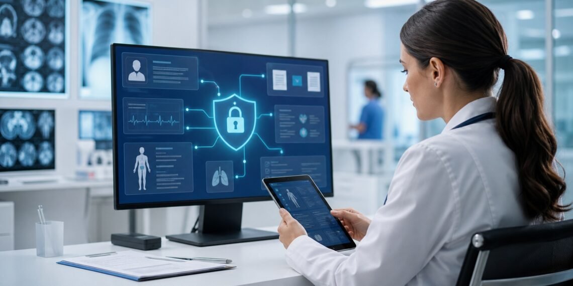 Tablette hasta kaydı ve ekranda güvenlik simgesi inceleyen doktor