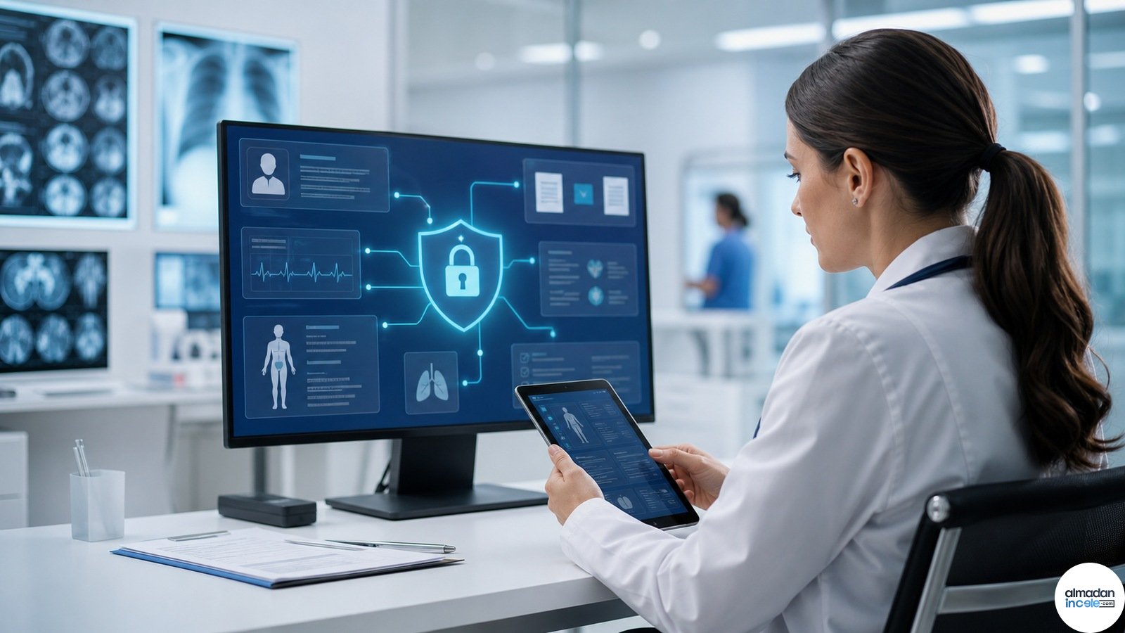 Tablette hasta kaydı ve ekranda güvenlik simgesi inceleyen doktor