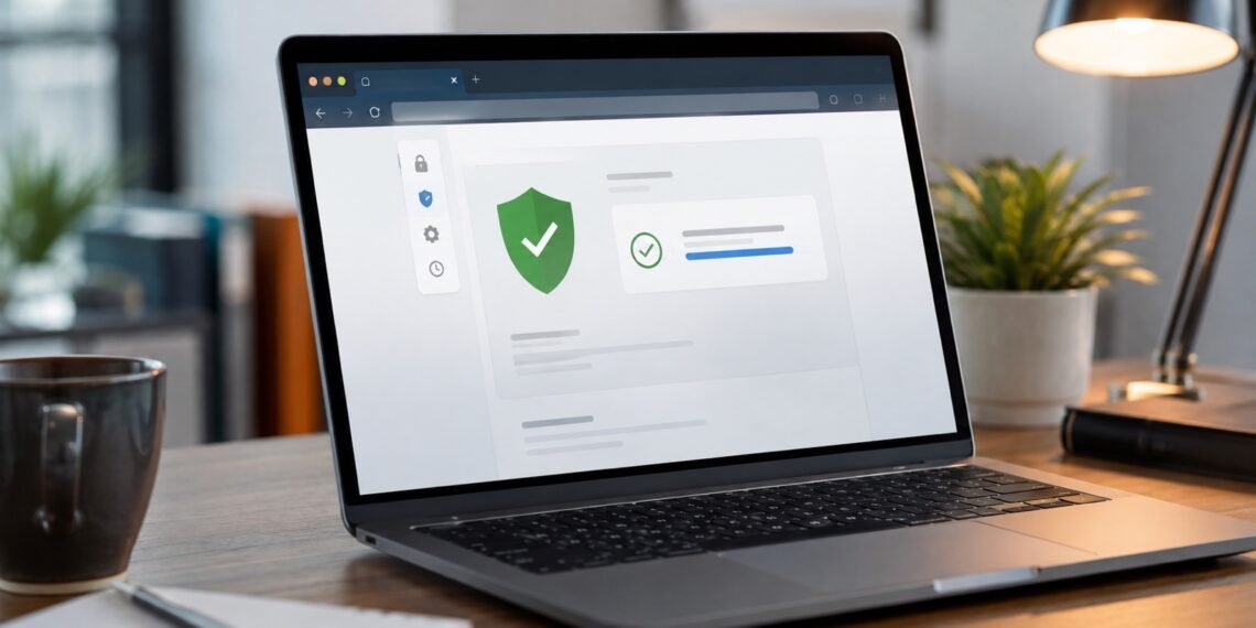 Dizüstü bilgisayar ekranında güvenlik kontrolü tamamlanan modern web tarayıcısı