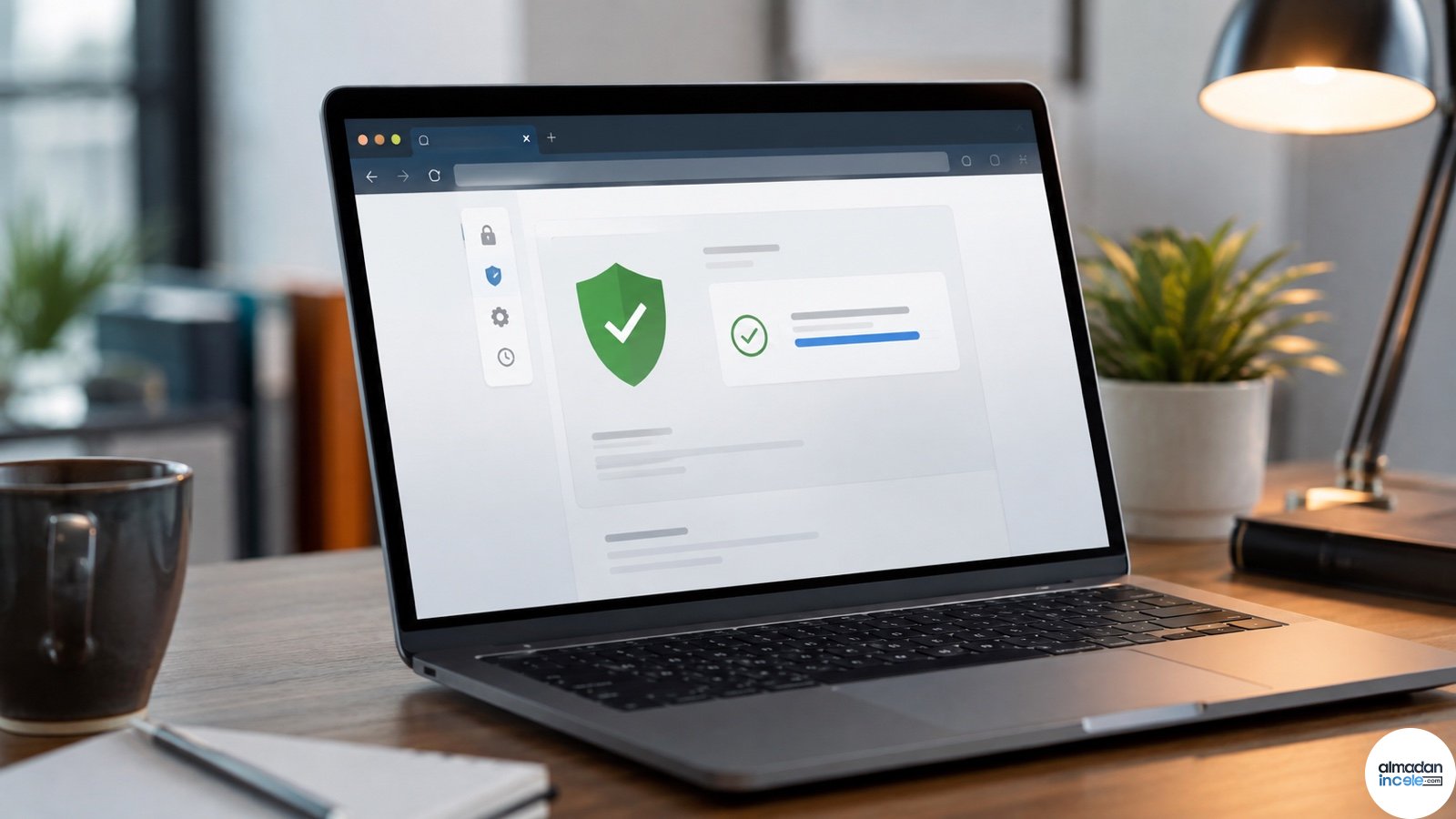 Dizüstü bilgisayar ekranında güvenlik kontrolü tamamlanan modern web tarayıcısı