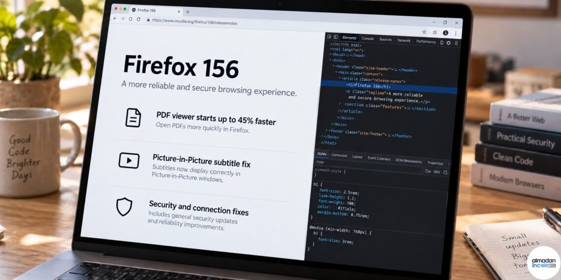 Firefox 156 sürüm notlarını canlandıran özgün editoryal laptop görseli