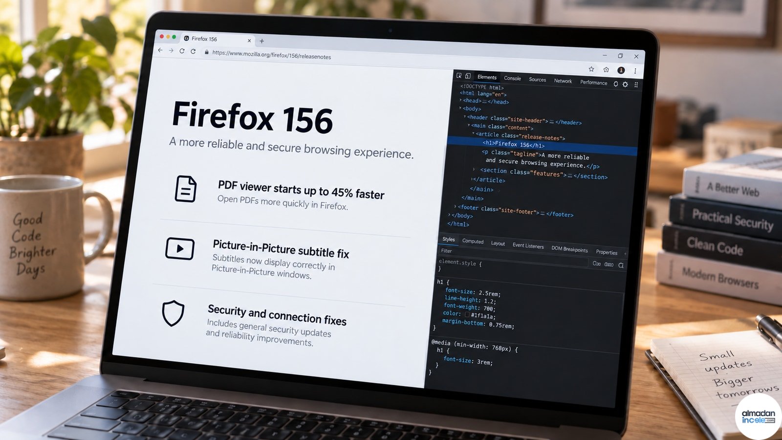 Firefox 156 sürüm notlarını canlandıran özgün editoryal laptop görseli