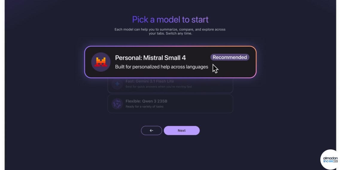 Firefox Smart Window içinde Mistral model seçimini gösteren resmi arayüz görüntüsü