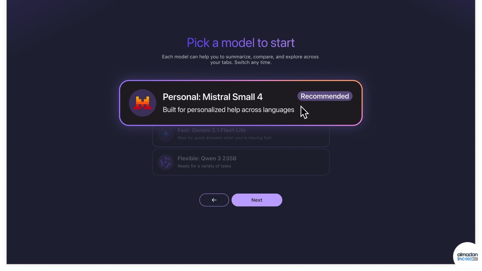 Firefox Smart Window içinde Mistral model seçimini gösteren resmi arayüz görüntüsü