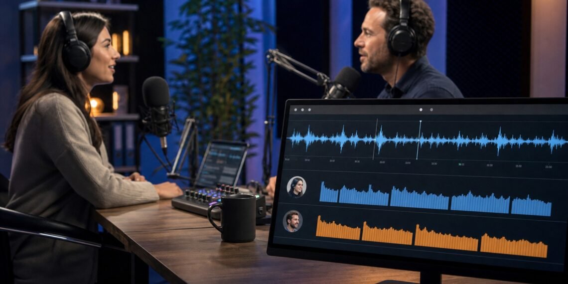 Podcast stüdyosunda iki konuşmacı ve canlı ses dalgalarını yazıya çeviren ekran