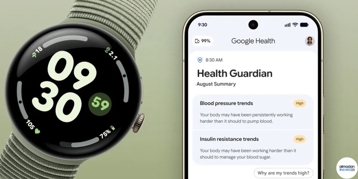 Pixel Watch ve Google Health sağlık eğilimlerini gösteren resmî ürün görseli