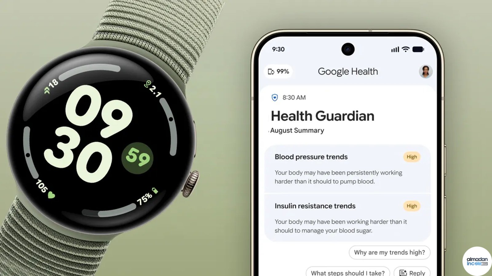 Pixel Watch ve Google Health sağlık eğilimlerini gösteren resmî ürün görseli