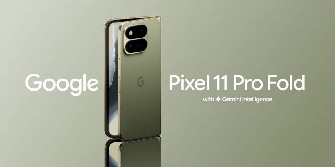 Yeşil renkte açık ve kapalı Google Pixel 11 Pro Fold katlanabilir telefon