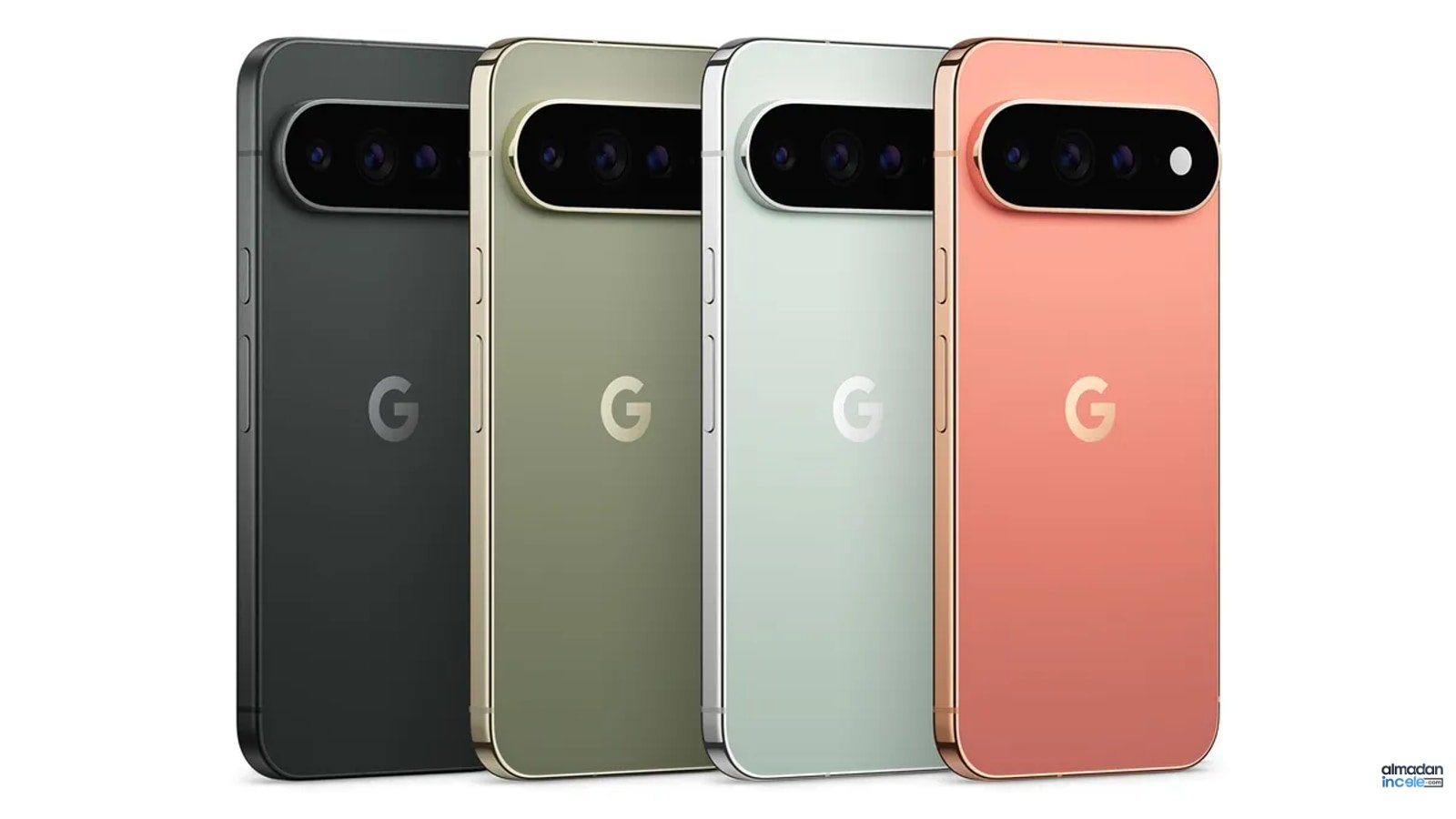 Google Pixel 11 Pro ailesini renk seçenekleriyle gösteren resmî ürün fotoğrafı
