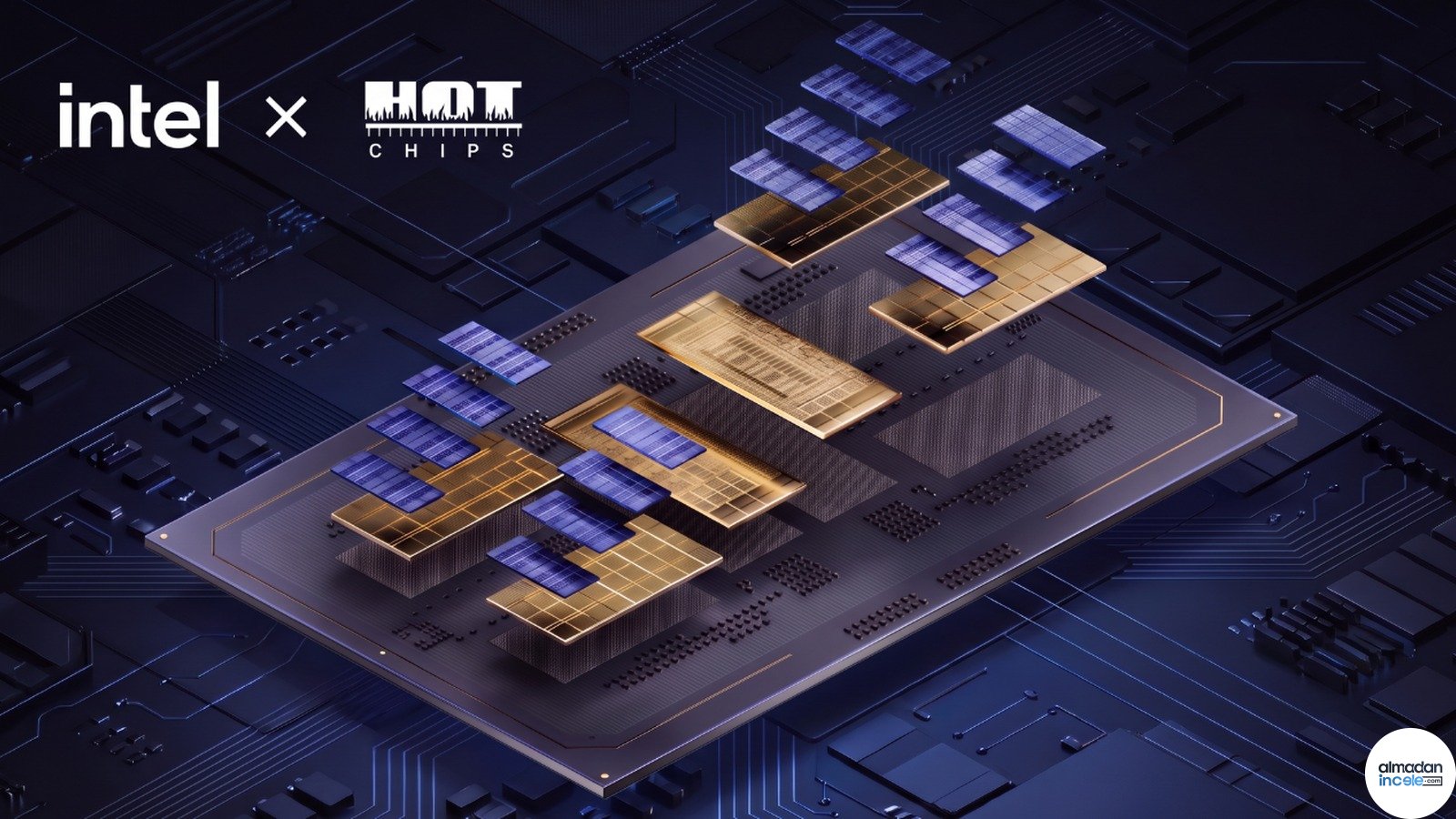 Intel Hot Chips sahnesinde veri merkezi işlemcisi ve çiplet mimarisini gösteren resmi görsel