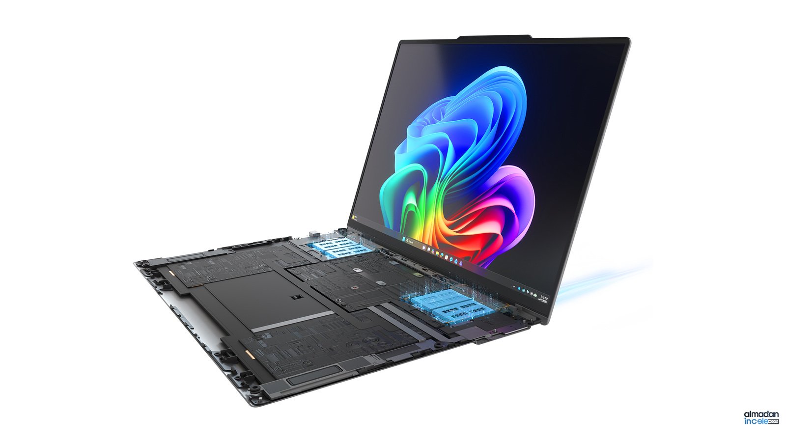 Lenovo Project AeroBlade konsept dizüstünün açık ekranı ve iç soğutma yerleşimi