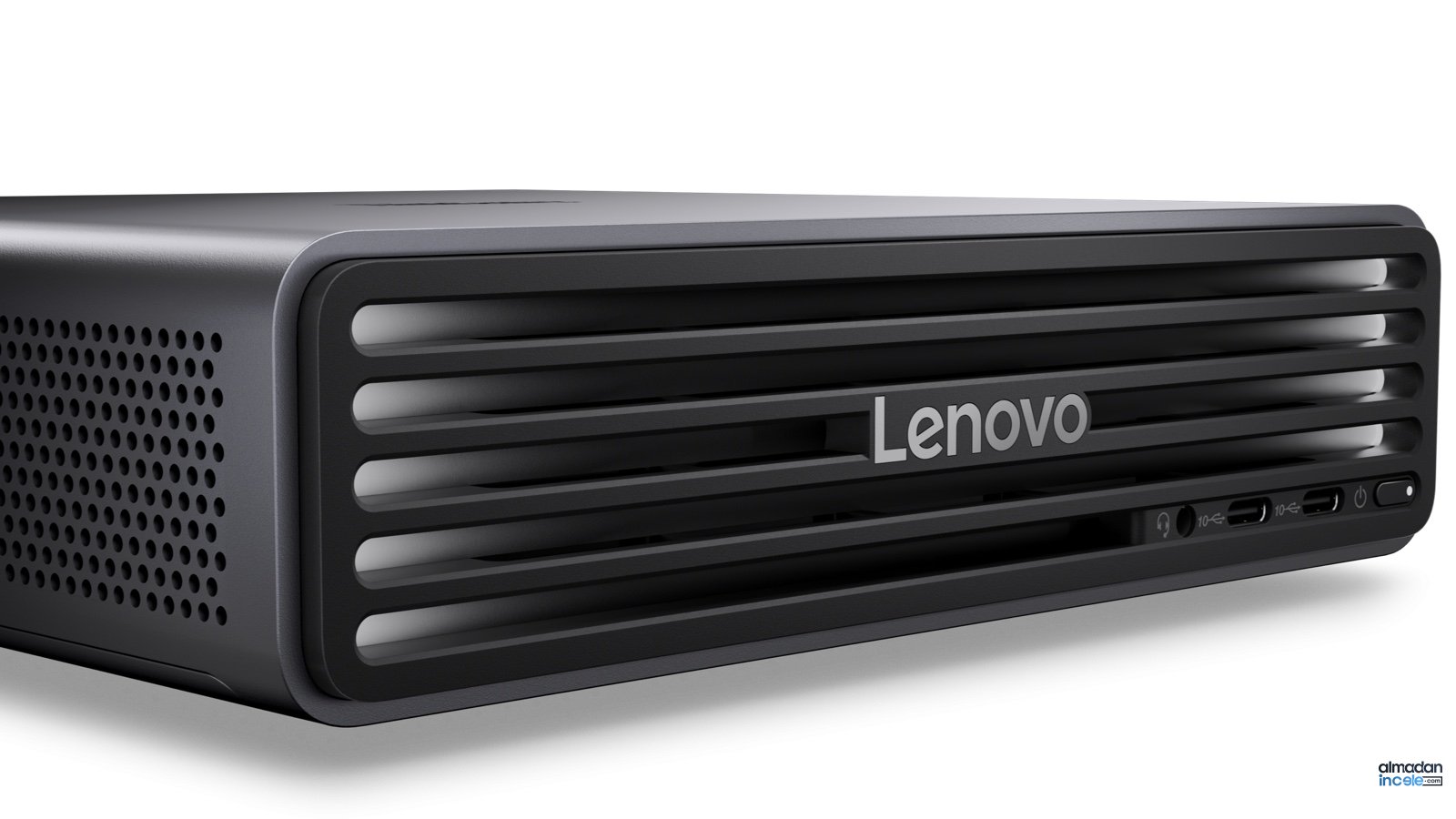Siyah Lenovo ThinkCentre X Ultra mini bilgisayarın ön bağlantıları