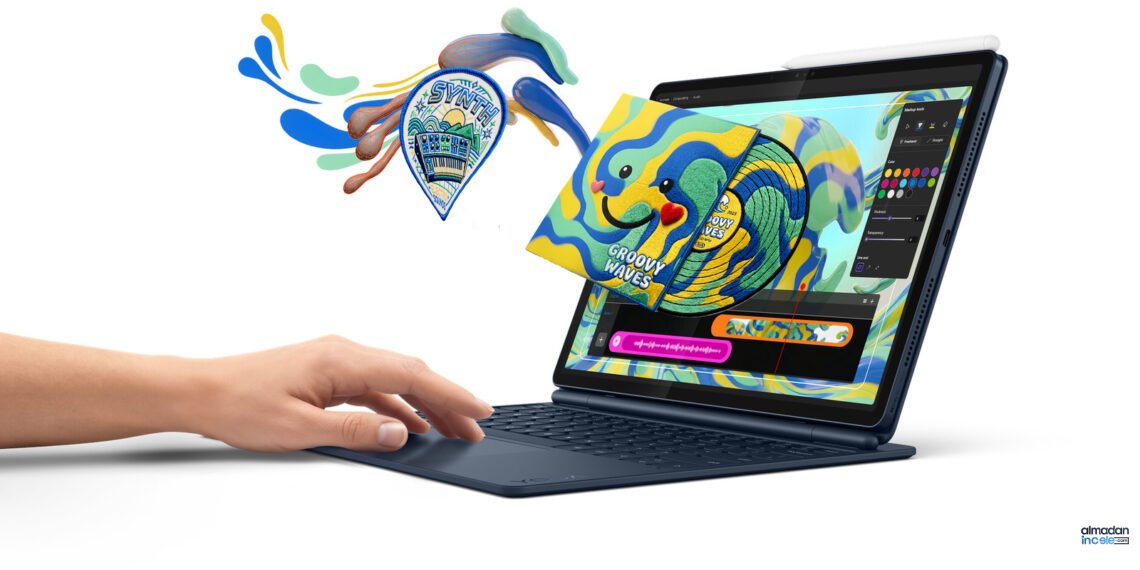 Kozmik mavi Lenovo Yoga Tab Plus Gen 2, klavye ve kalem aksesuarlarıyla