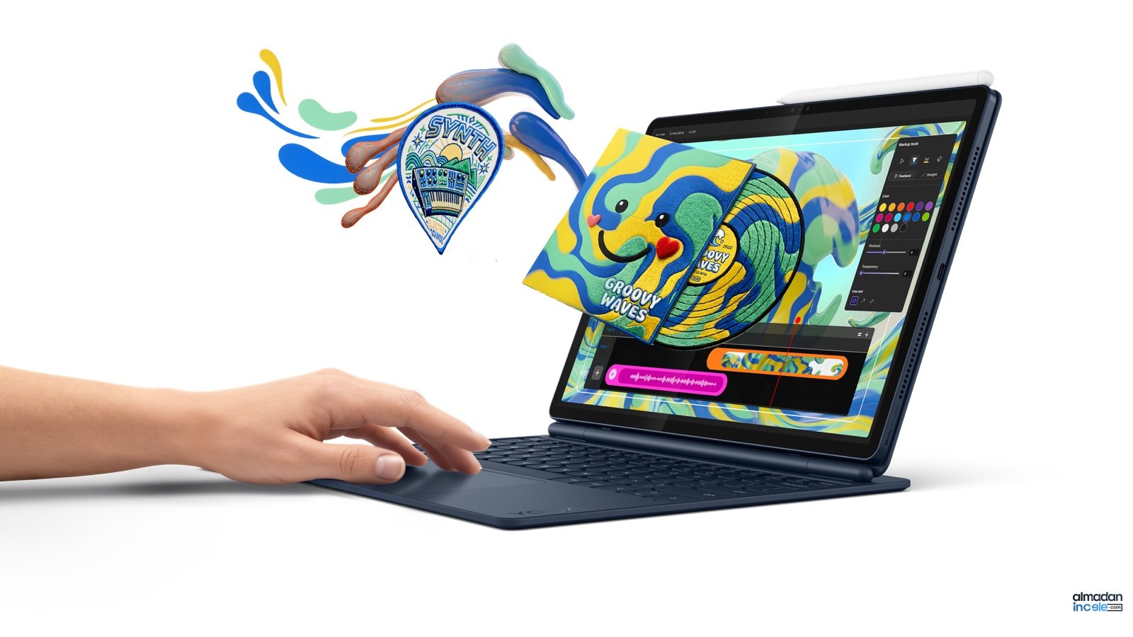 Klavye ve kalemle kullanılan mavi Lenovo Yoga Tab Plus Gen 2 tablet