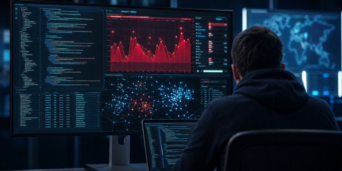 Geniş ekranda kod, kırmızı risk grafiği ve ağ haritasını inceleyen siber güvenlik uzmanı