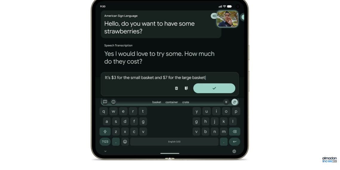 Pixel 11 Pro Fold üzerinde Amerikan İşaret Dili çevirisi ve Live Transcribe arayüzü