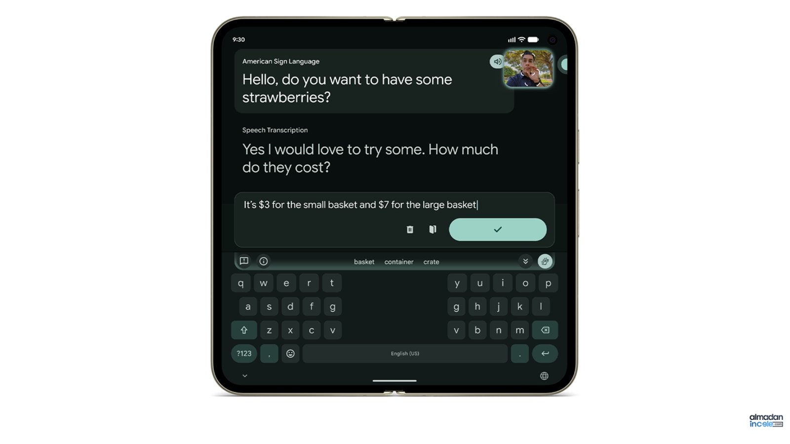 Pixel 11 Pro Fold üzerinde Amerikan İşaret Dili çevirisi ve Live Transcribe arayüzü