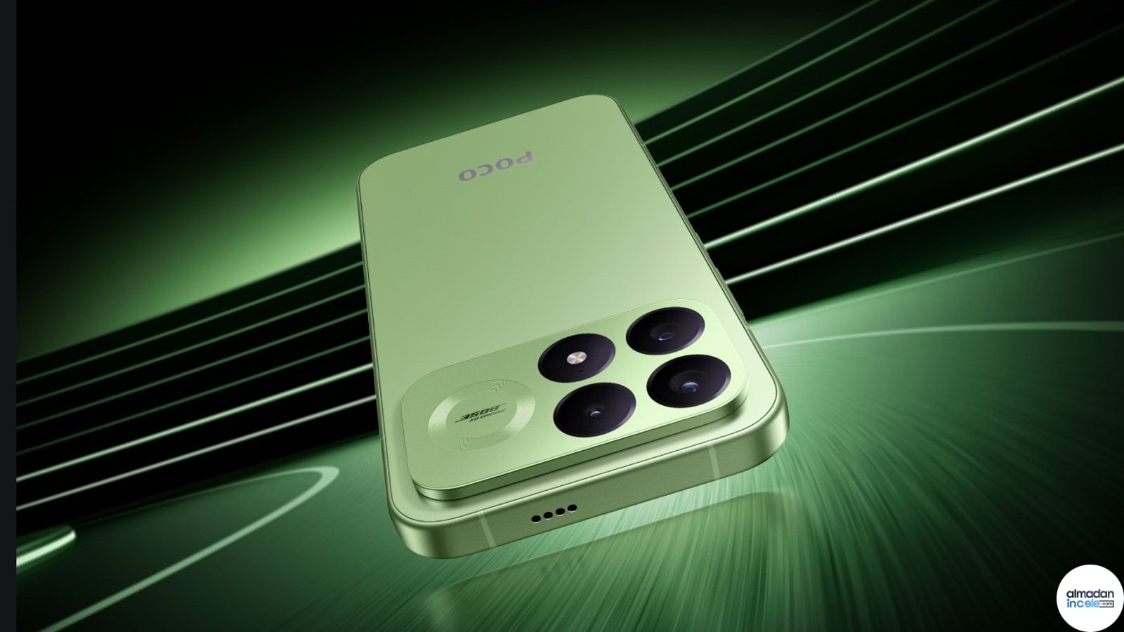 Aurora Green renkli POCO F9 Pro telefonun arka tasarımı