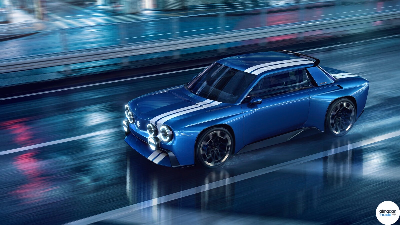 Mavi Renault 8 Gordini Concept elektrikli coupé otomobilinin resmi yan görünümü
