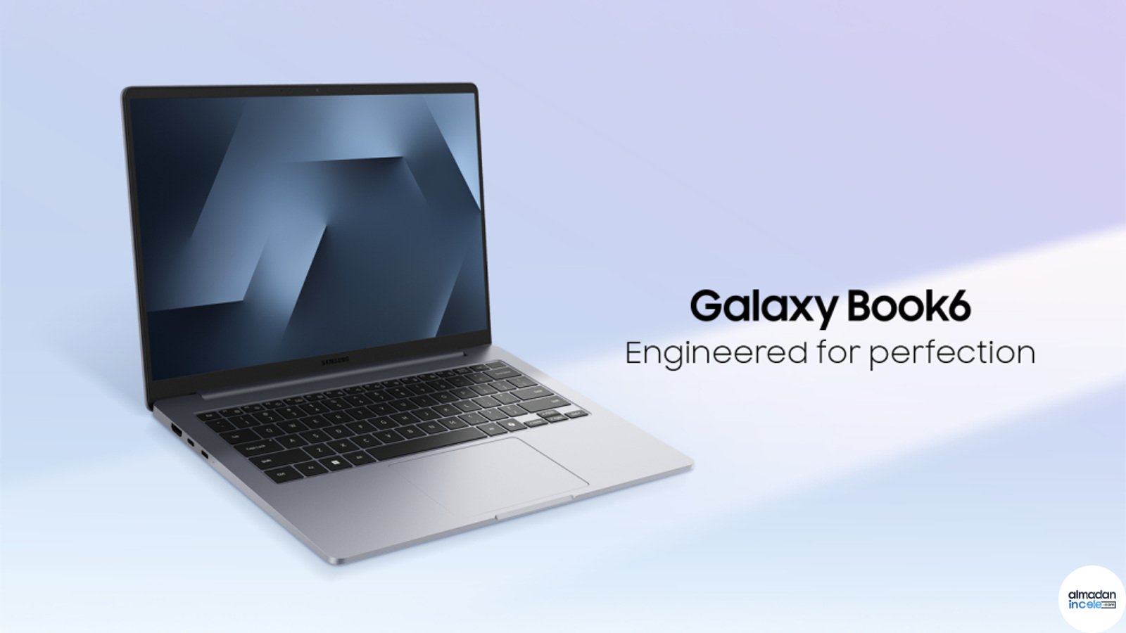 Gri Samsung Galaxy Book6 14 inç dizüstü bilgisayarın açık görünümü