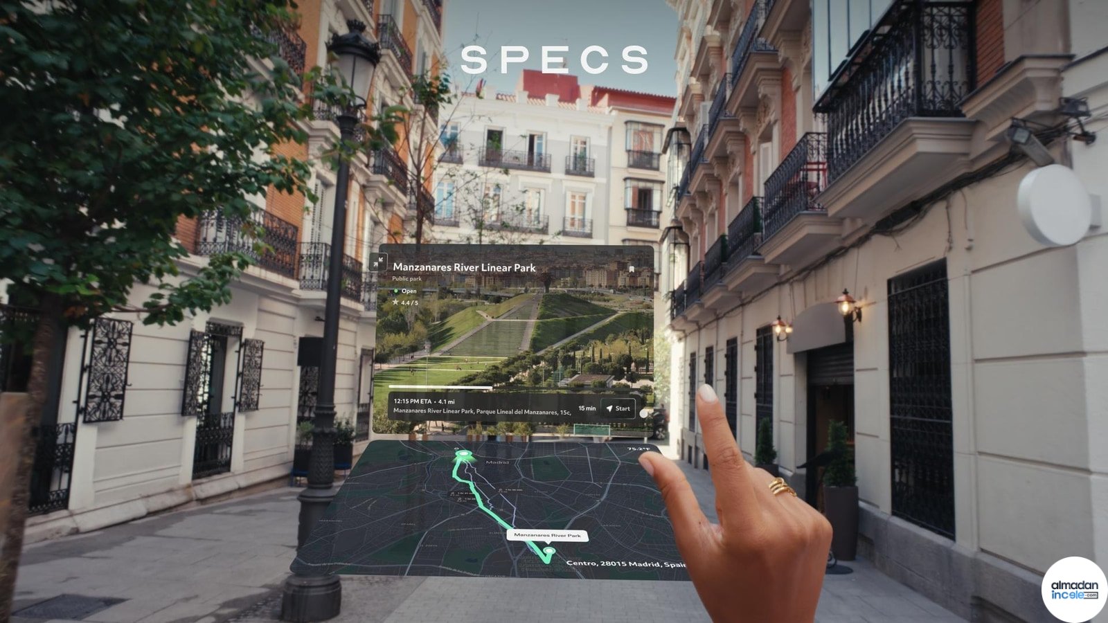 Snap SPECS artırılmış gerçeklik gözlüğünde harita ve yön bilgisini gösteren resmî görsel