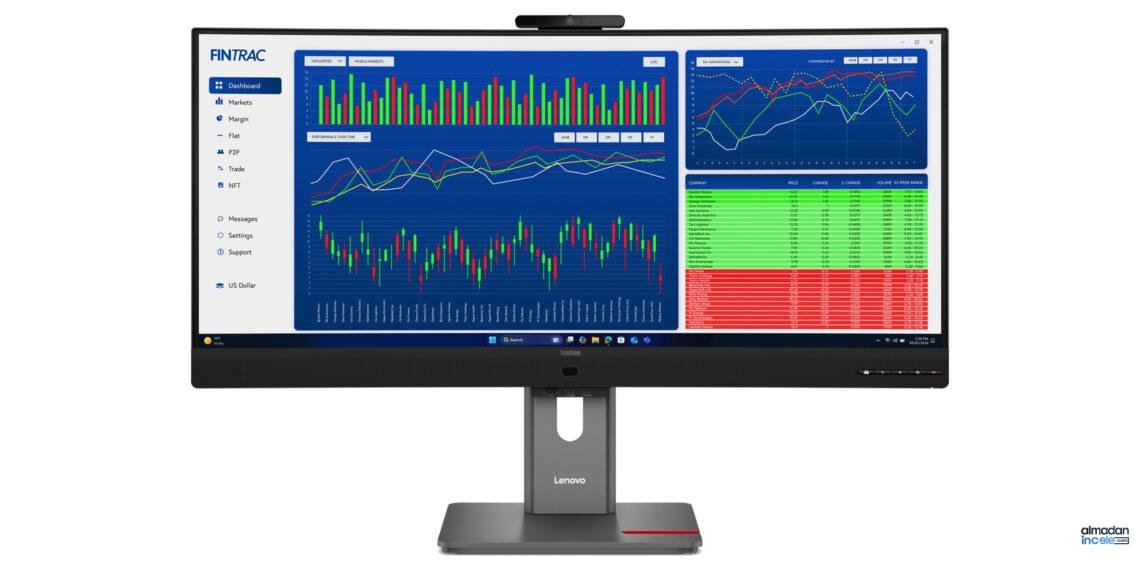 ThinkVision P34WD-4v ultra geniş monitörün dahili kamera ve ayakla önden görünümü