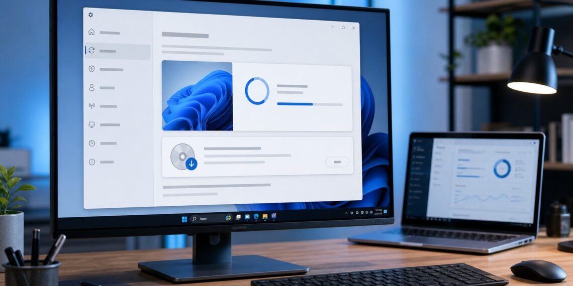 Masaüstü bilgisayarda Windows 11 özellik güncellemesi ve ISO indirme ekranı