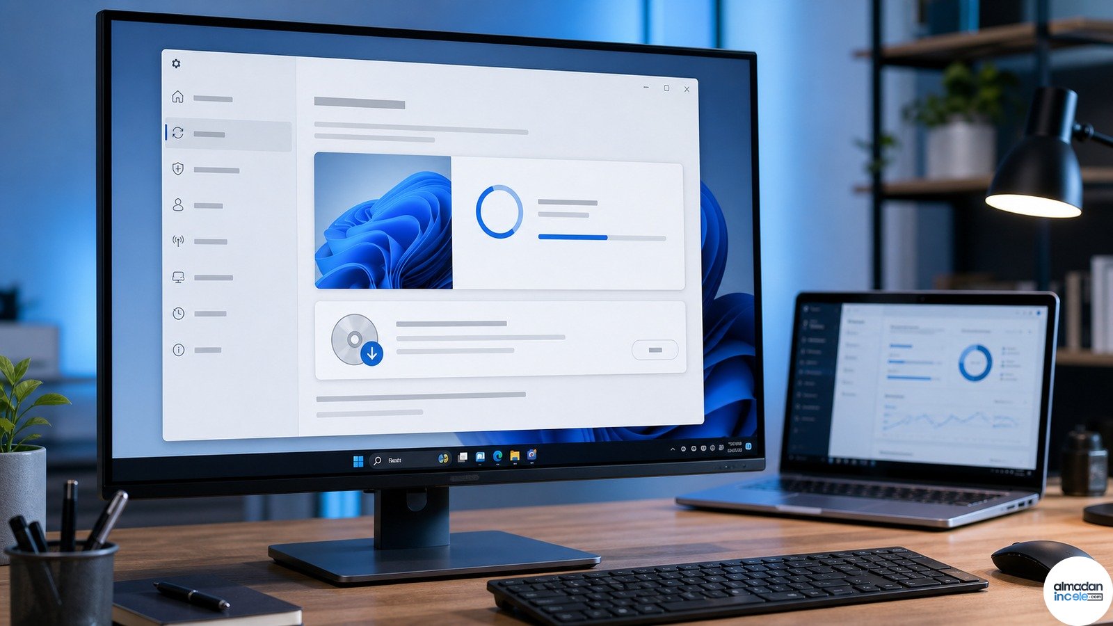 Masaüstü bilgisayarda Windows 11 özellik güncellemesi ve ISO indirme ekranı