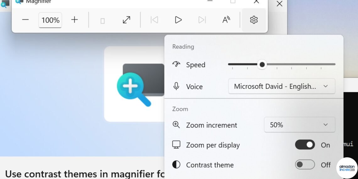 Windows 11 Büyüteç yeni kontrast teması anahtarının resmi arayüz görüntüsü