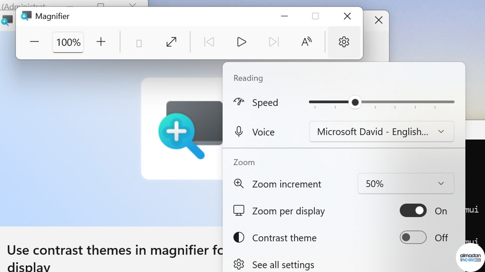 Windows 11 Büyüteç yeni kontrast teması anahtarının resmi arayüz görüntüsü