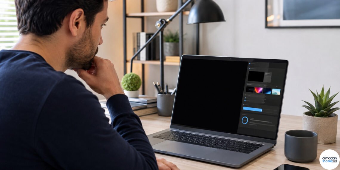 Siyah masaüstü görünen Windows 11 dizüstü bilgisayar ve kişiselleştirme ayarları